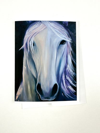 a white and silver horse with lavender mane. There are thick paint strokes evident in this print. 
