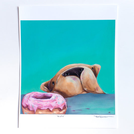 An art print featuring a painting of a dog looking longingly at a donut with sprinkles.