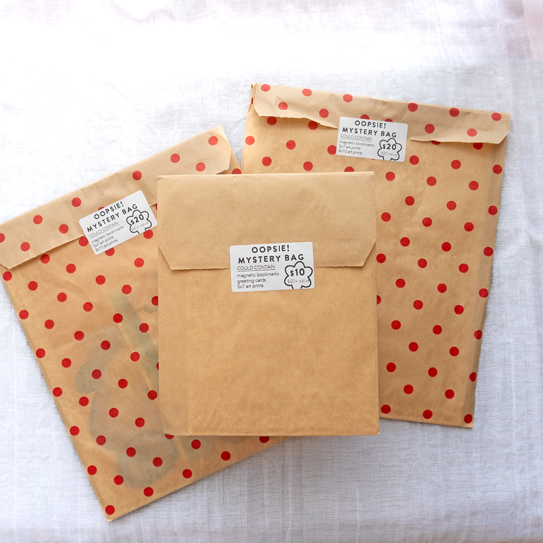 Three brown paper bags with red polka dots and 'Mystery Bag' labels on a white background.