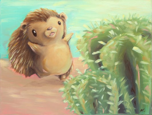 Painting of a hedgehog running with open arms towards a cactus