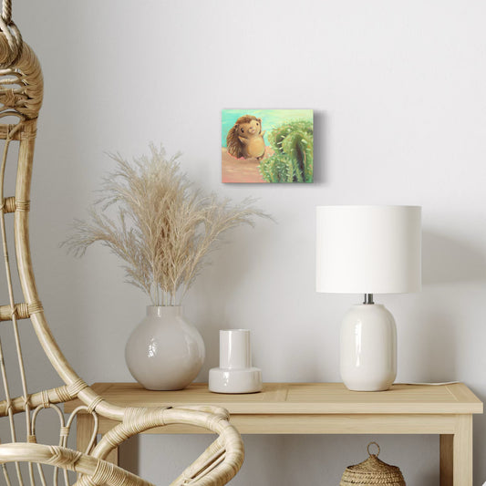 Painting of a hedgehog running with open arms towards a cactus hanging in a room with wicker furniture. 