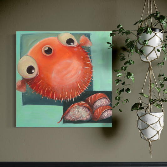 Painting of a puffer fish on a wall next to a hanging plant