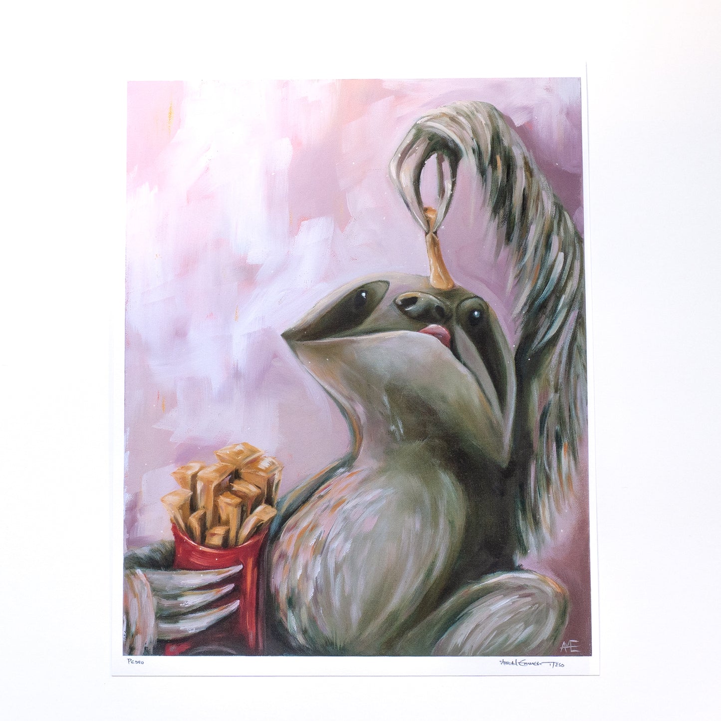 11x14 print of a sloth holding a French fry over his mouth. 
