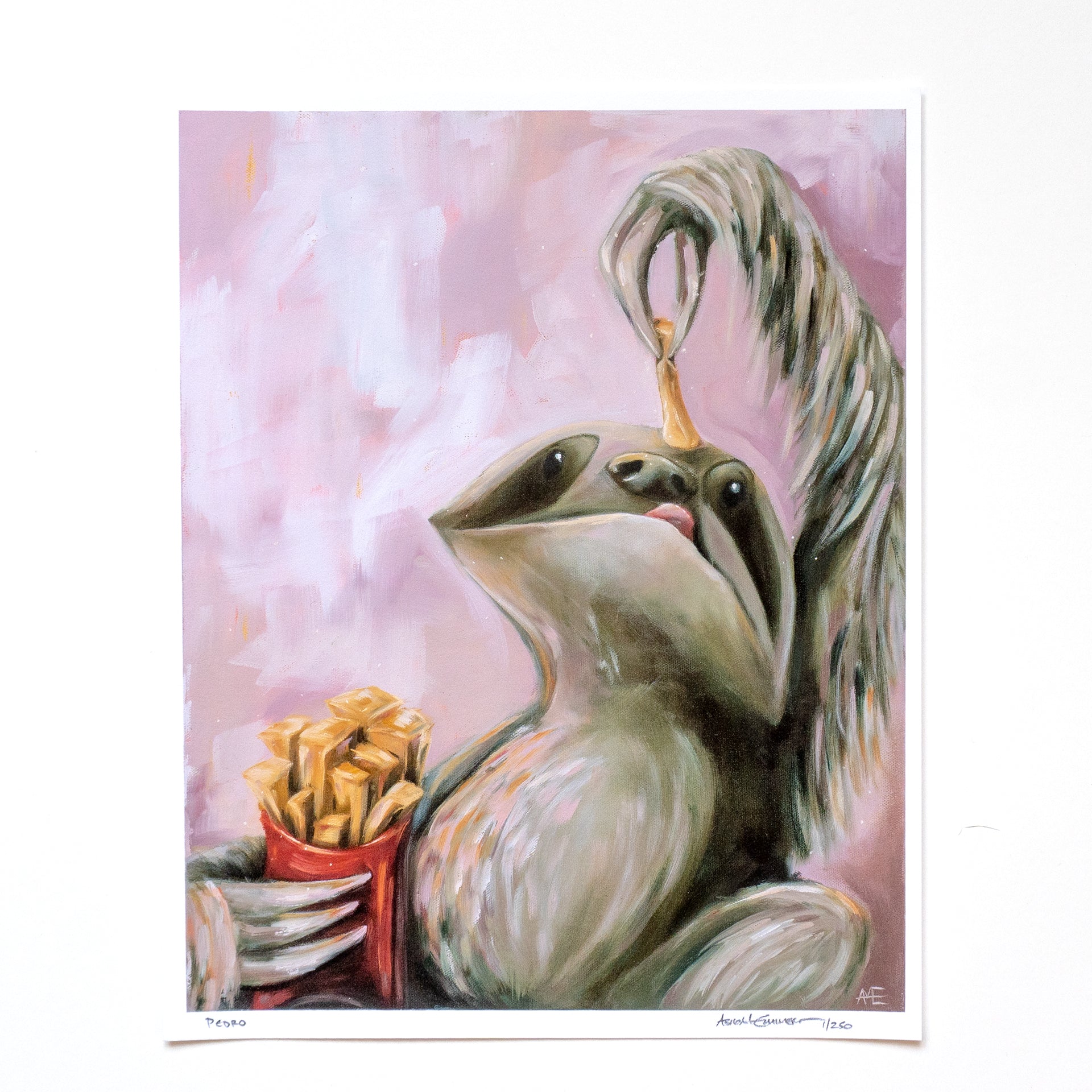 8x10 print of a sloth holding a French fry over his mouth. 