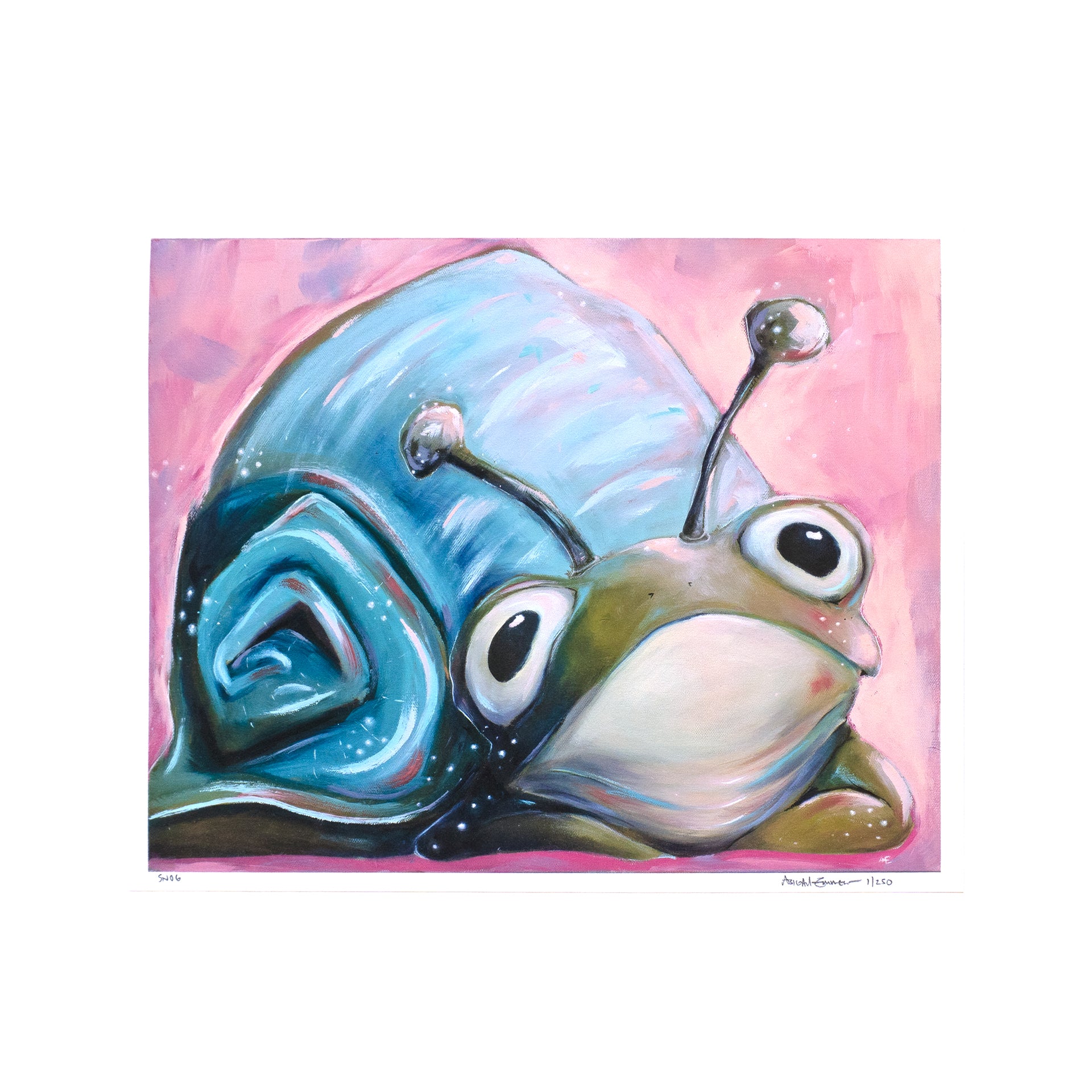 COLORFUL snail/frog combo animal with a pink background