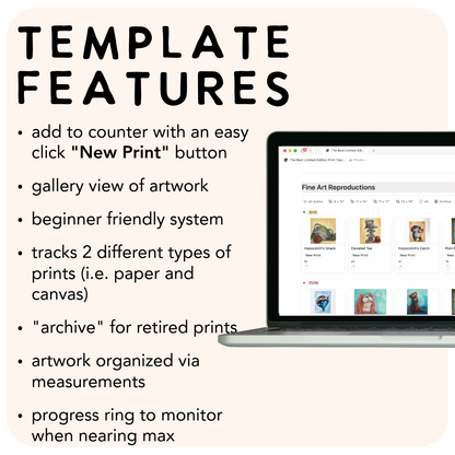 Laptop displaying a fine art print tracker with text on template features.