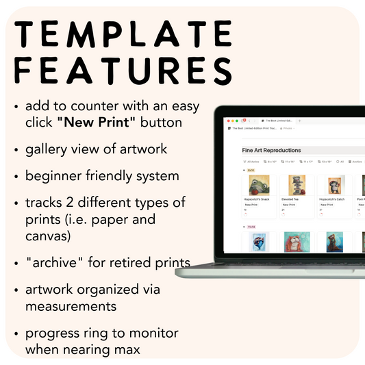 Laptop displaying a fine art print tracker with text on template features.