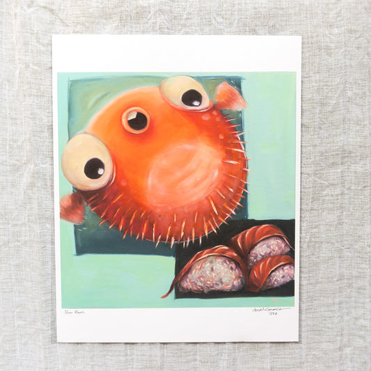 Illustration of a puffer fish on a textured gray background scared because he is looking at sushi