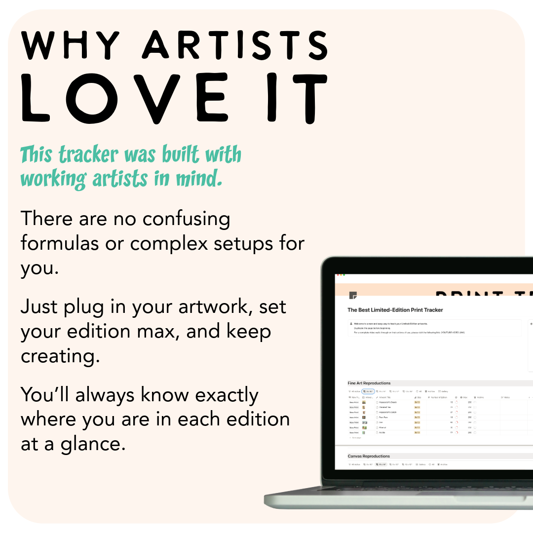 Laptop displaying a software interface with text explaining why artists love it.