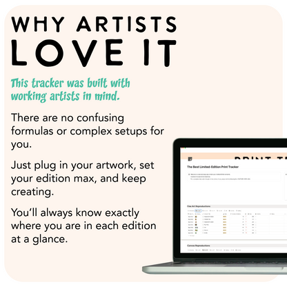 Laptop displaying a software interface with text explaining why artists love it.