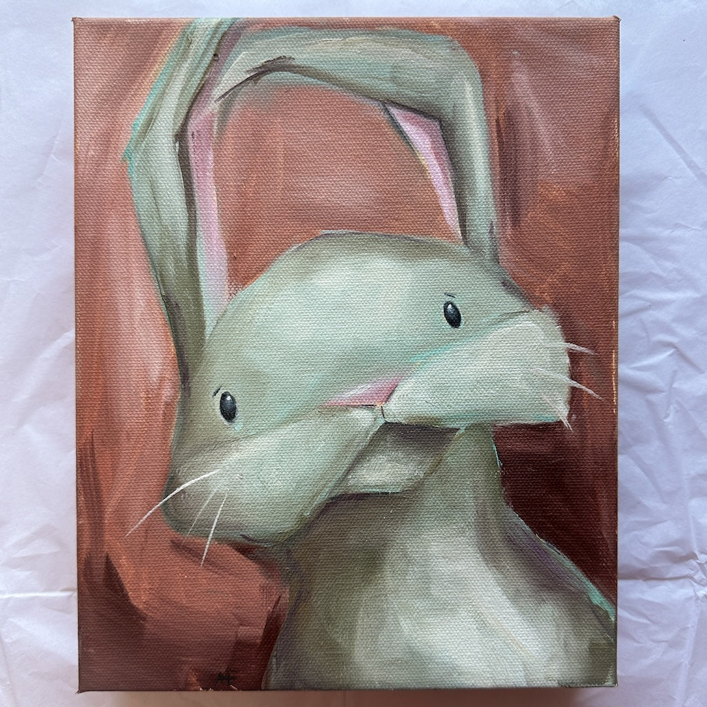 an oll painting of a light green bunny with an abstract rust red background.