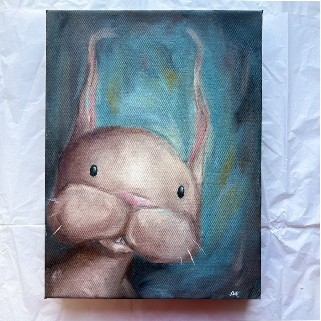 oil painting of a bunny with an inquisitive expression on his face.  The bunny is brown with a dark blue background. 