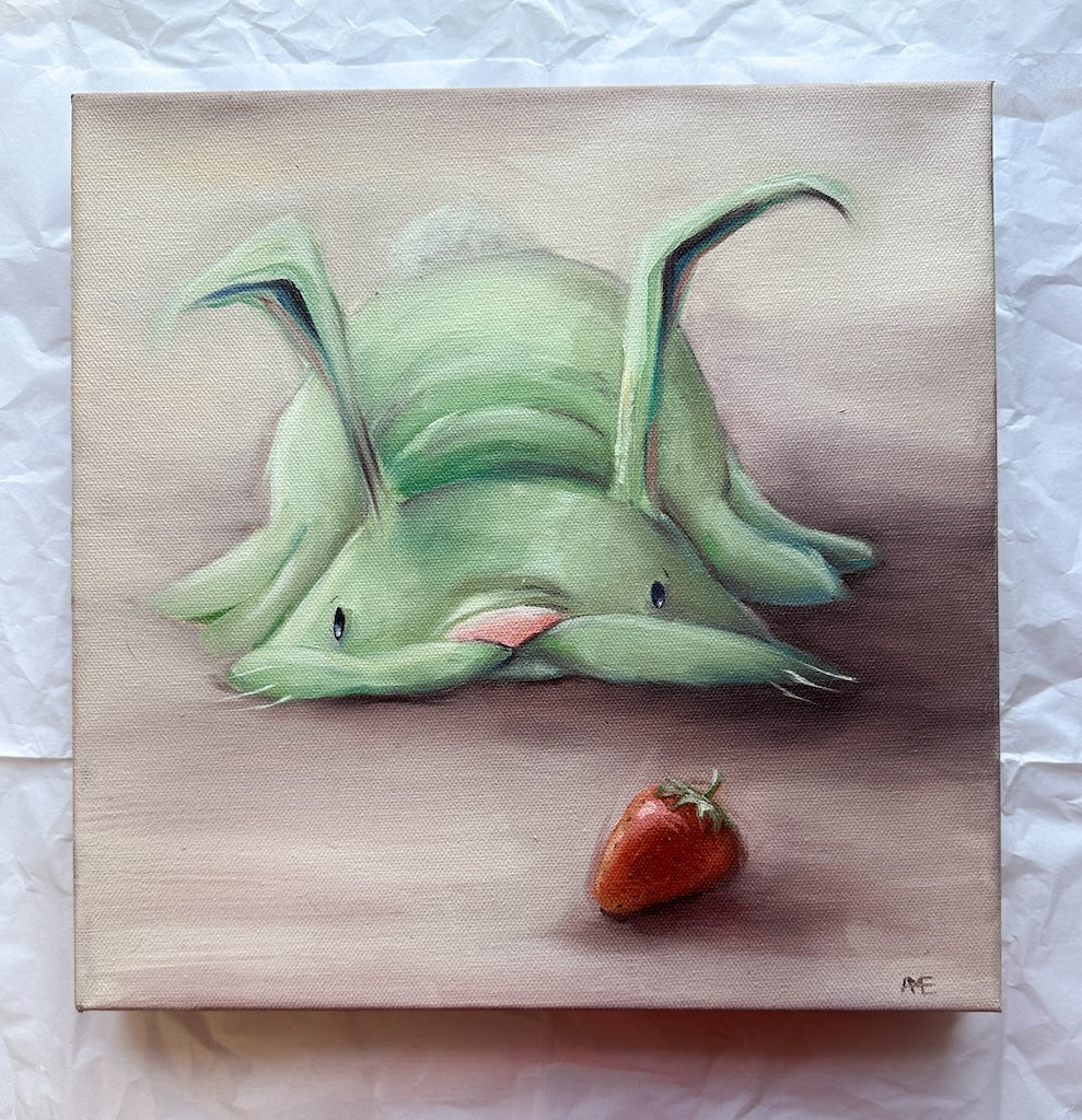 An oil painting of a. bunny with a mauve colored background . The bunny is green in coloring and staring longingly at a red strawberry in the foreground. 