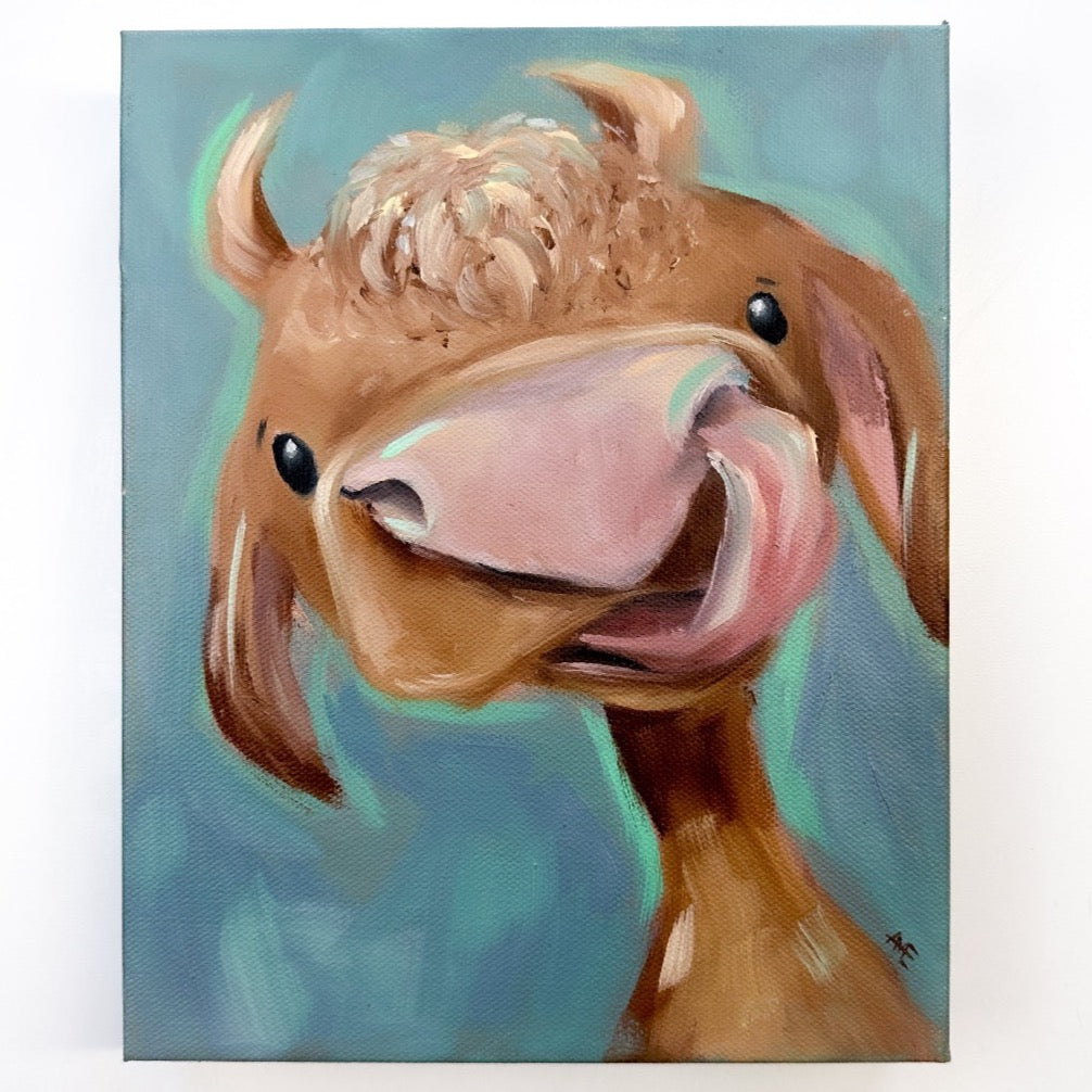 oil painting of brown cow using tongue to pick nose. 