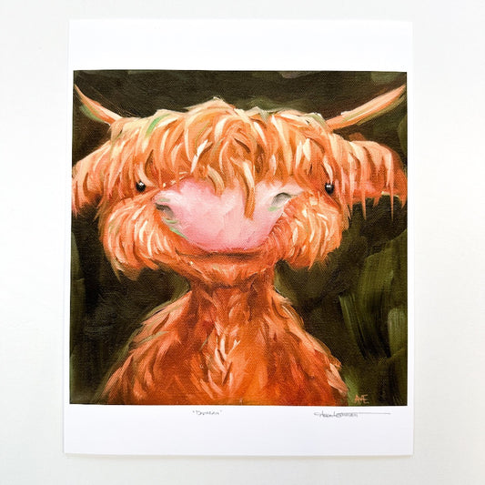 art print of a highland cow with a sweet expression on his face and a dark green background.  