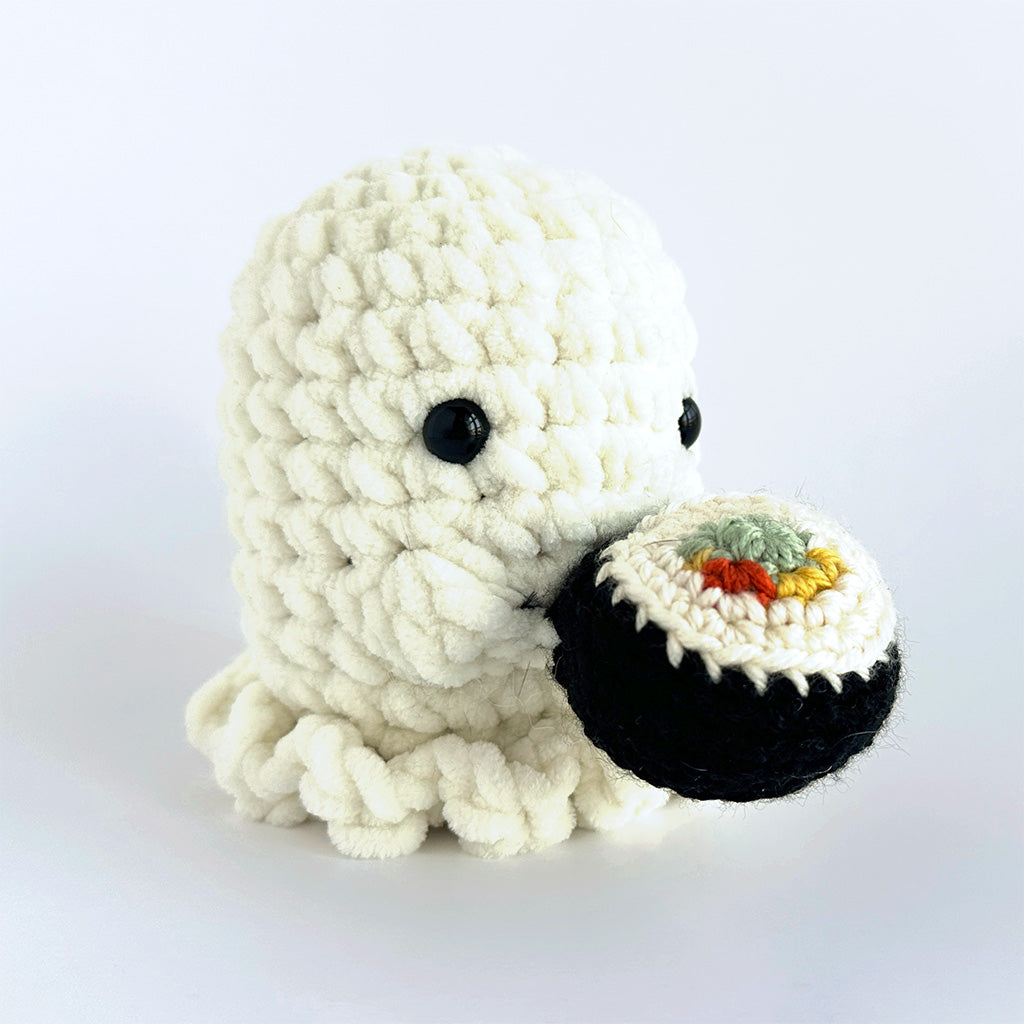 Tofu the Ghost with sushi |  Amigurumi Plush Animal