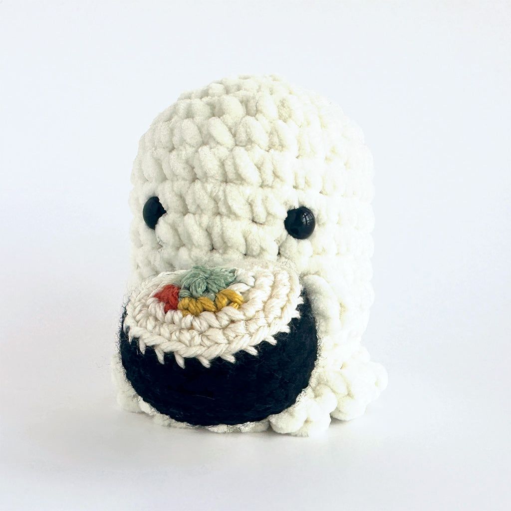 Tofu the Ghost with sushi |  Amigurumi Plush Animal