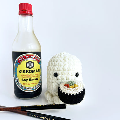 Tofu the Ghost with sushi |  Amigurumi Plush Animal