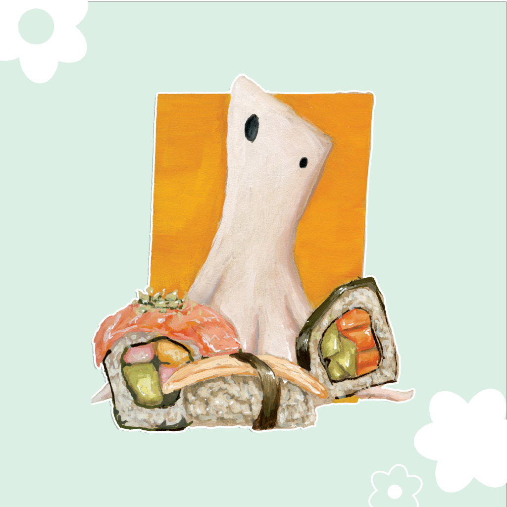 ghost with orange background and 3 types of sushi in the foreground. 