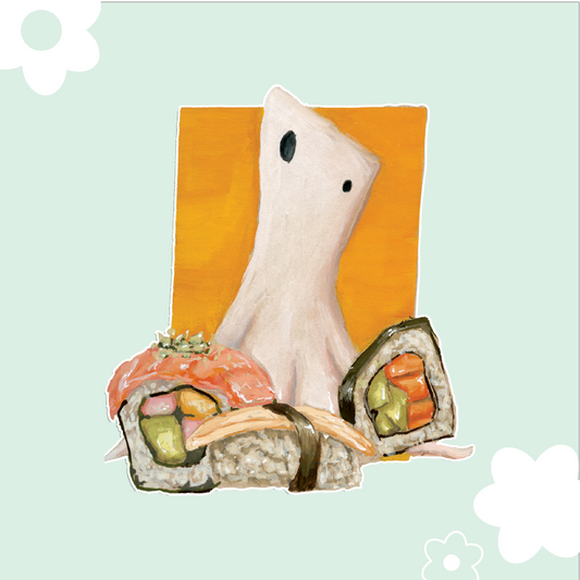 ghost with orange background and 3 types of sushi in the foreground. 