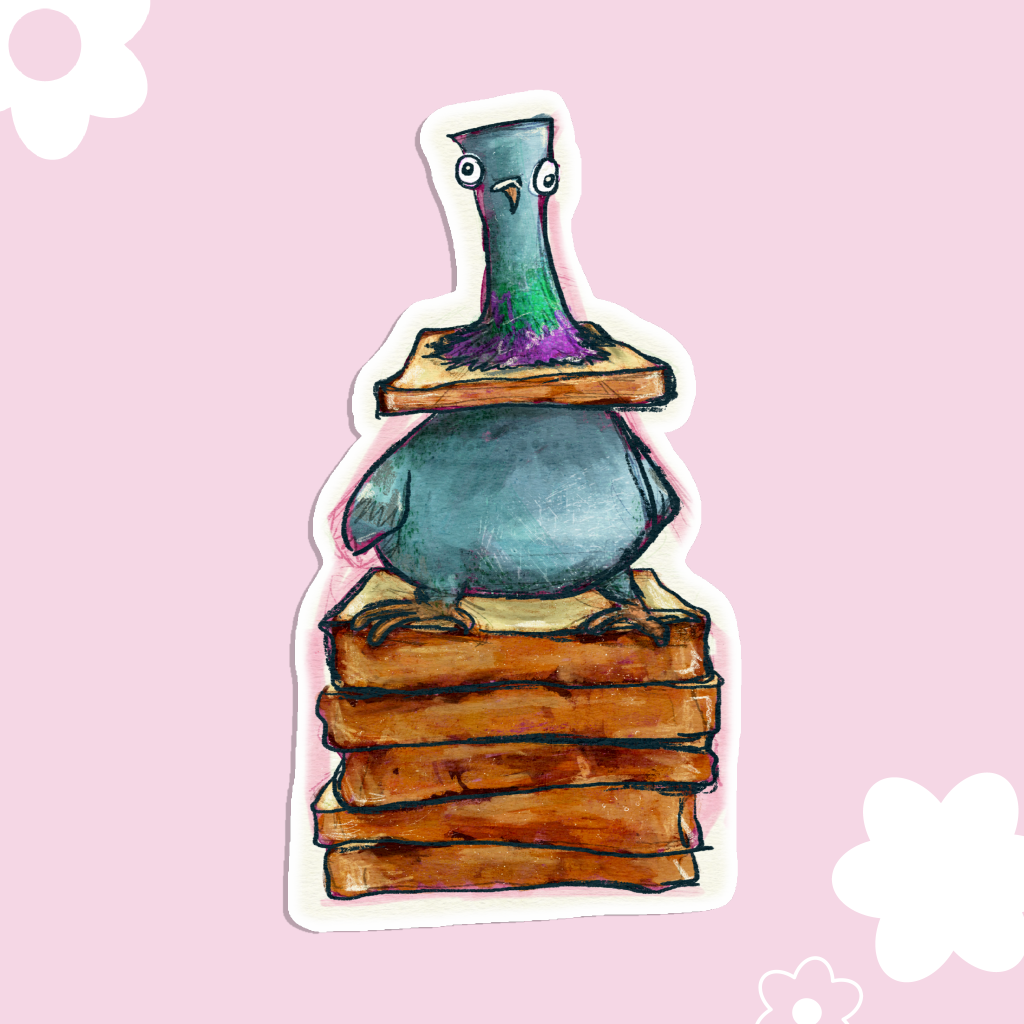 blue toned pigeon with a bread necklace on top of a stack of bread