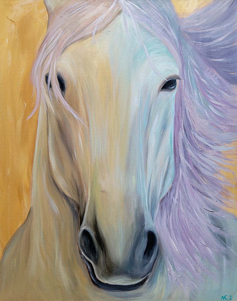 An oil painting of a horse looking directly at you and it has earth tones on one side and bright, magical colors on the other. The horses mane is purple. 