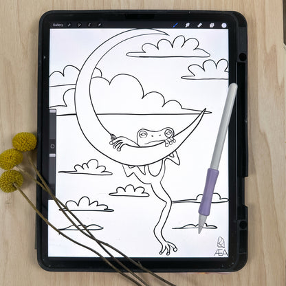 iPad with app procreate open and showing the digital coloring page of the frog hanging on the moon. 