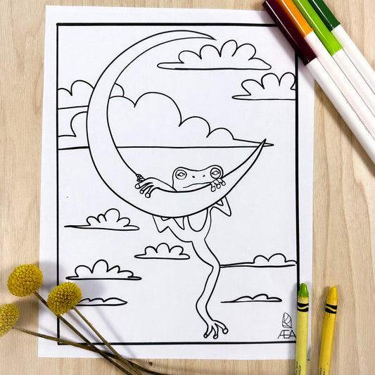 Coloring page of a tree frog hanging from a crescent moon. There are big fluffy clouds in the sky around it. 