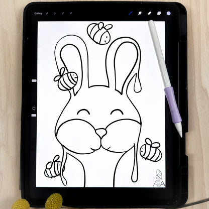 Coloring page of a bunny facing the front of the page with tall standing up ears. There are 4 bumble bees surrounding the honey. The honey has drips coming off of it because it's a Honey Bunny. The coloring page is open in the Procreate app on an iPad for reference. 