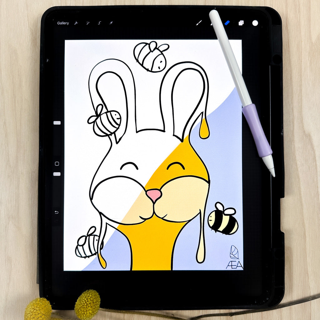 Partially colored digital coloring page of a bunny facing the front of the page with tall standing up ears. There are 4 bumble bees surrounding the honey. The honey has drips coming off of it because it's a Honey Bunny. The coloring page is open in the Procreate app on an iPad for reference. 