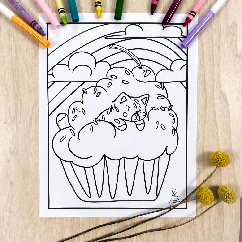 Coloring page of a cat diving through icing with a rainbow and fluffy clouds in the background. 