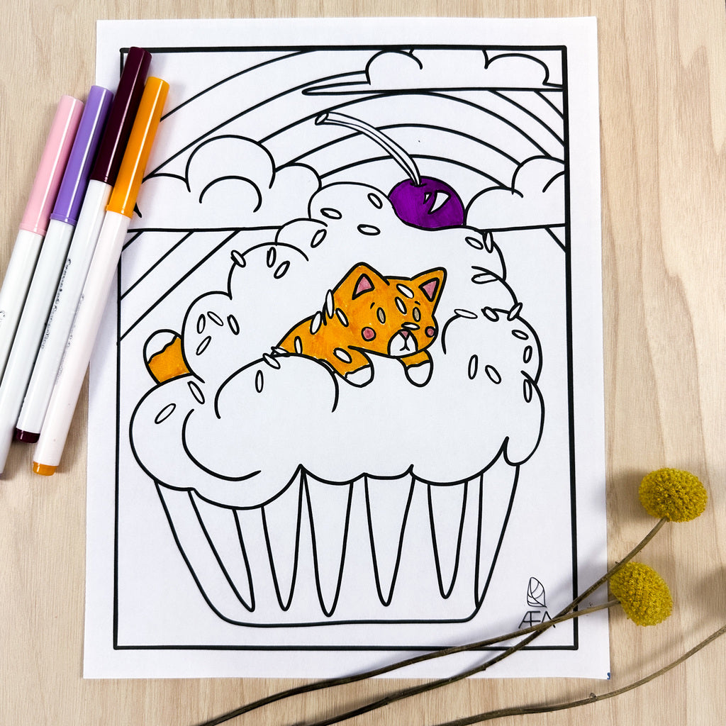 Partially colored Coloring page of a cat diving through icing with a rainbow and fluffy clouds in the background. 