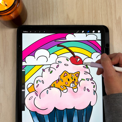 rtially colored Digital coloring page in procreate on an ipad of a cat diving through icing with a rainbow and fluffy clouds in the background. 