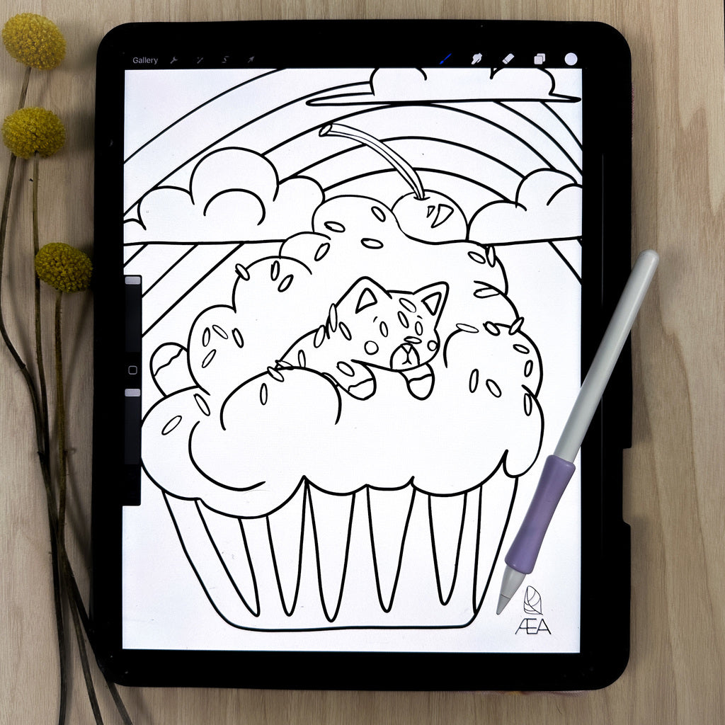 Digital coloring page in procreate on an ipad of a cat diving through icing with a rainbow and fluffy clouds in the background. 