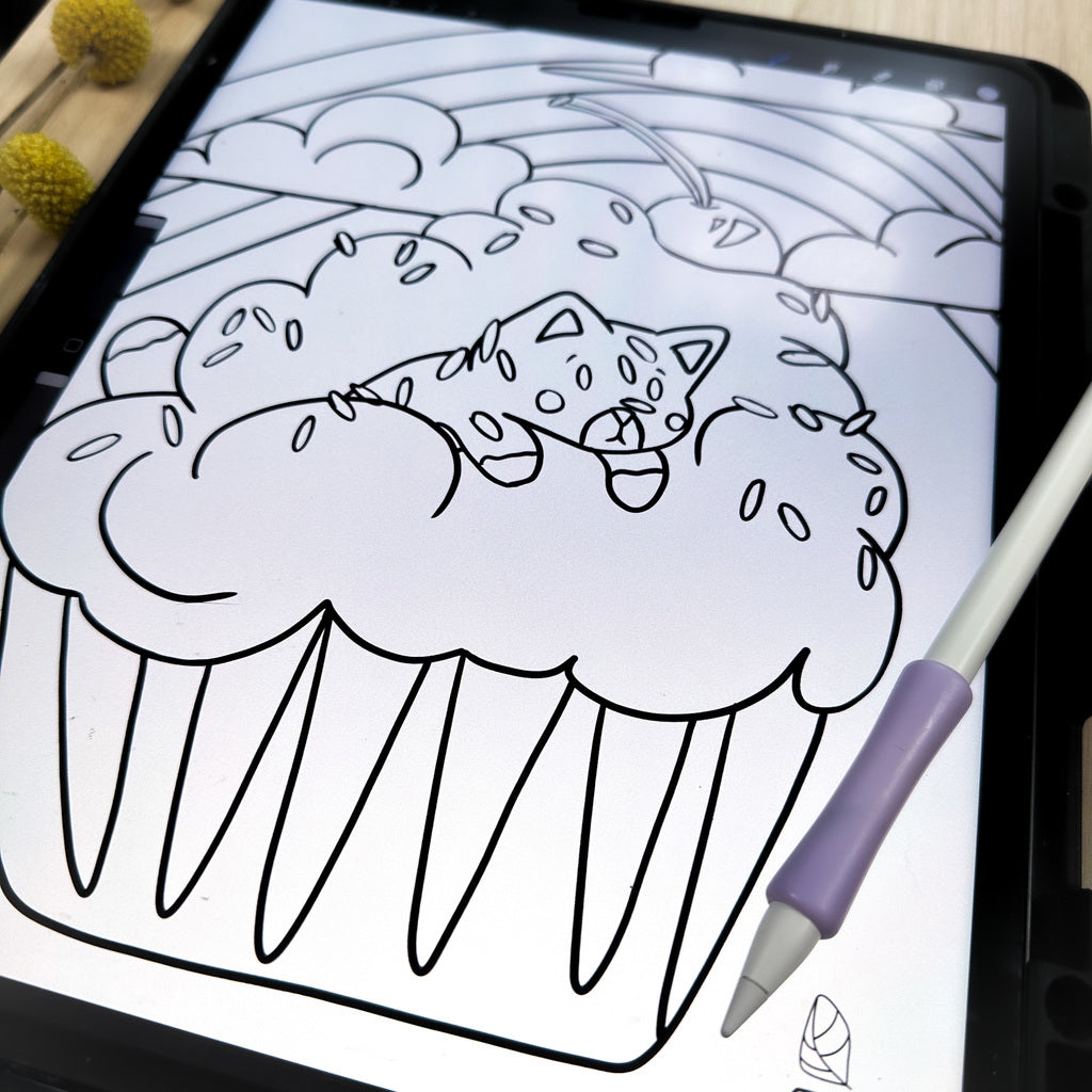 Digital coloring page in procreate on an ipad of a cat diving through icing with a rainbow and fluffy clouds in the background. 