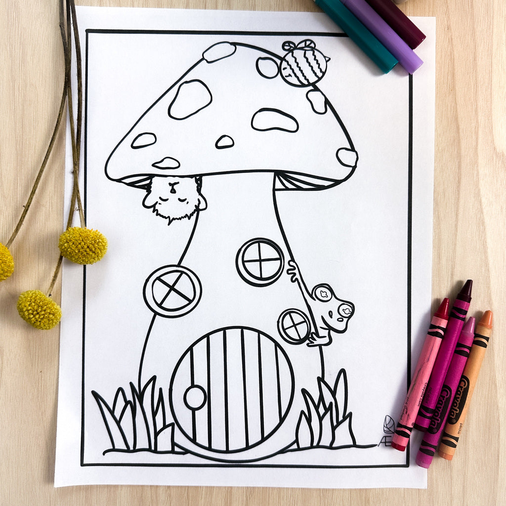 A coloring page of a tall mushroom with 3 windows on the stem and a round door to enter this cute house. There is a bumble bee above it and a purrfle (character of AEA) hanging from it.  Filbert the tree frog is also peaking around the side. 