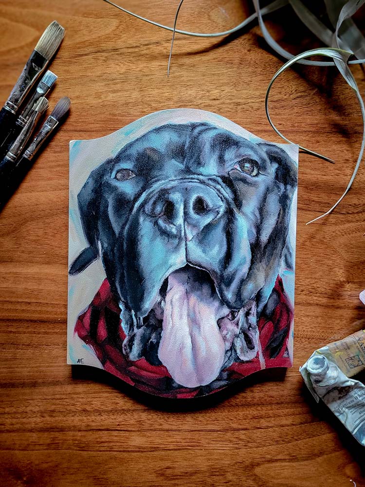 cane corso oil painting on a ornate shaped wood panel.