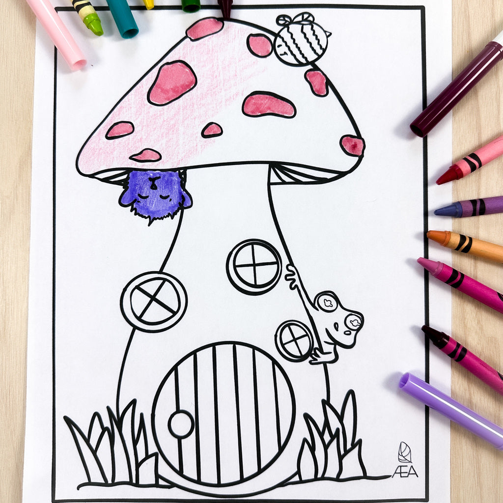 A partially colored coloring page of a tall mushroom with 3 windows on the stem and a round door to enter this cute house. There is a bumble bee above it and a purrfle (character of AEA) hanging from it.  Filbert the tree frog is also peaking around the side.
