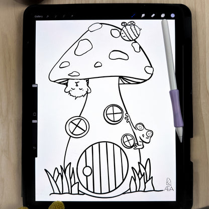 A  digital coloring page of a tall mushroom with 3 windows on the stem and a round door to enter this cute house. There is a bumble bee above it and a purrfle (character of AEA) hanging from it.  Filbert the tree frog is also peaking around the side. This page is on an iPad in the Procreate app. 