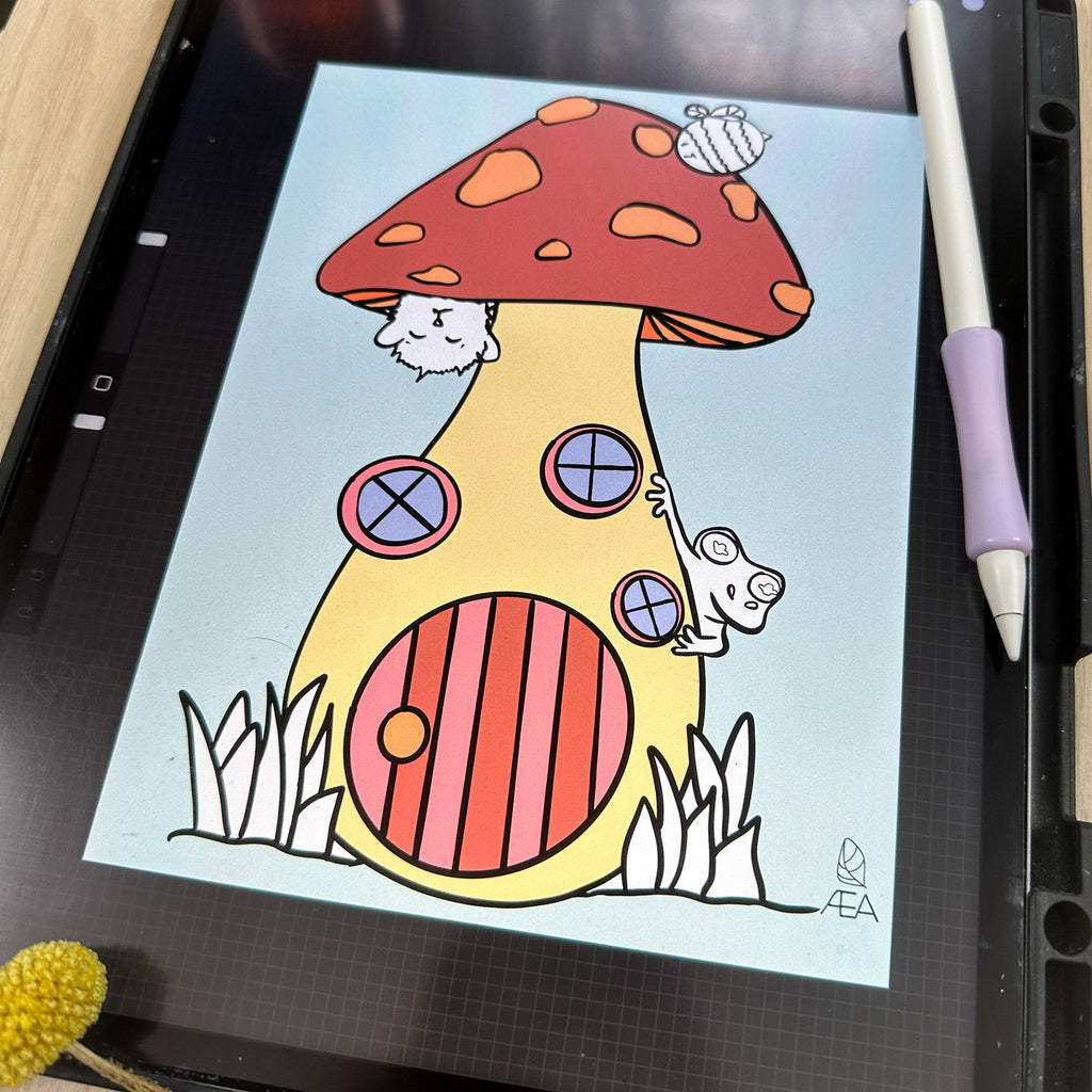 A partially colored digital coloring page of a tall mushroom with 3 windows on the stem and a round door to enter this cute house. There is a bumble bee above it and a purrfle (character of AEA) hanging from it.  Filbert the tree frog is also peaking around the side. This page is on an iPad in the Procreate app. 