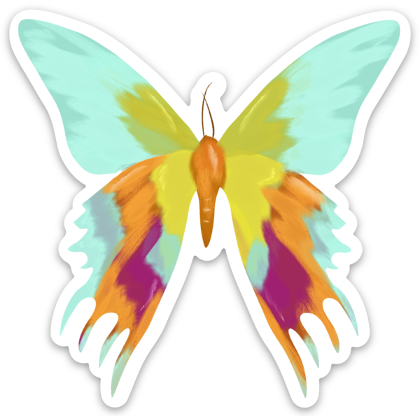 Madagascar Moon Moth sticker with a painterly style. It is in teals, blues, greens, oranges and some magenta. 